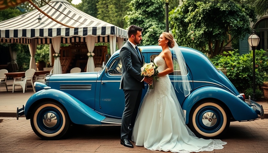 Elegant couple with a sunset-inspired wedding palette in vintage car setting.