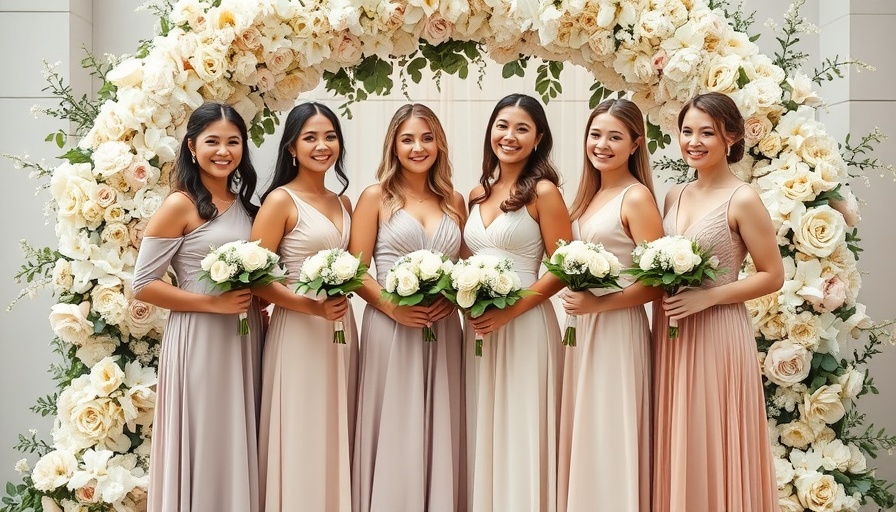 Bridesmaids in pastel dresses smile with bouquets near wedding floral arch.