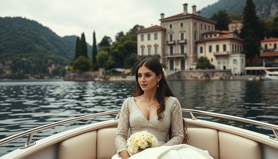 Villa Del Balbianello wedding: couple on boat in traditional attire.