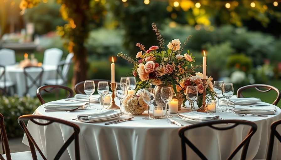 Elegant table setup for garden party wedding ideas with flowers and candles.