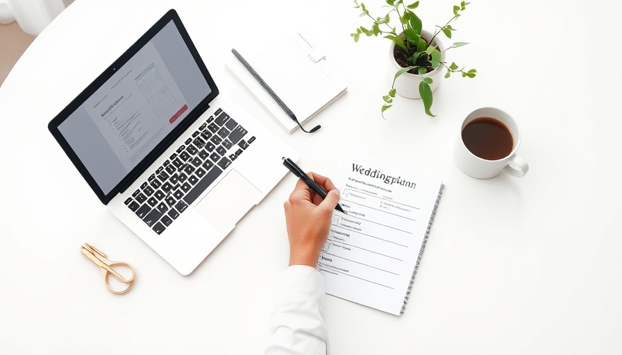 Wedding planning essentials checklist in bright workspace.