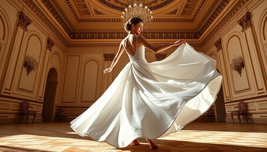 Elegant ballroom scene with a bride twirling in a wedding dress with a long train.