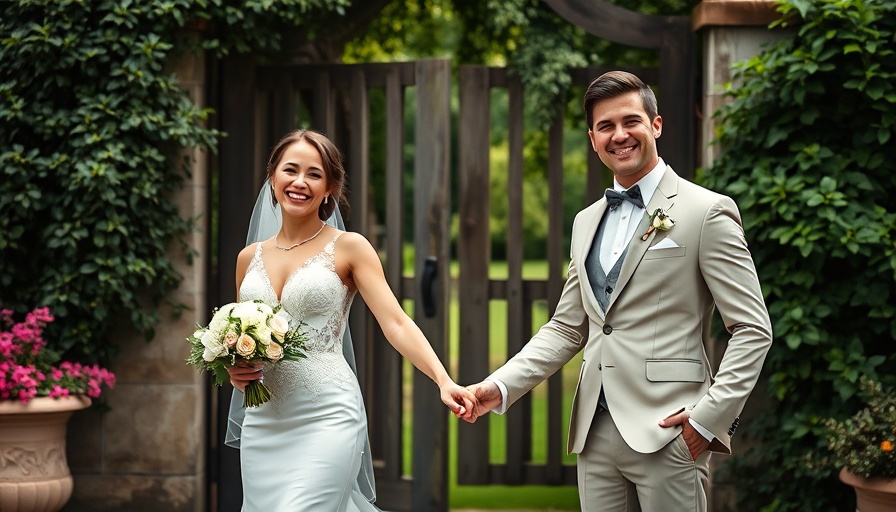 Bride and groom holding hands at autumn rustic fairytale wedding.