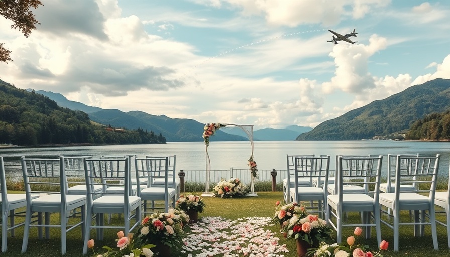 Destination wedding setup with lake, chairs, and mountains.