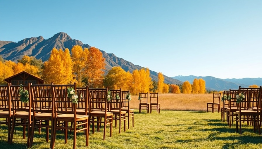 Outdoor wedding rental items set up in a scenic mountain meadow.