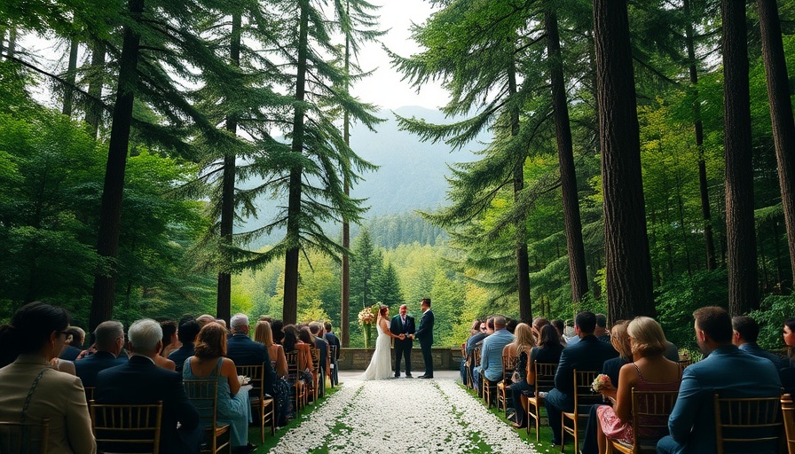 Sophisticated garden party wedding amidst tall trees and mountains.