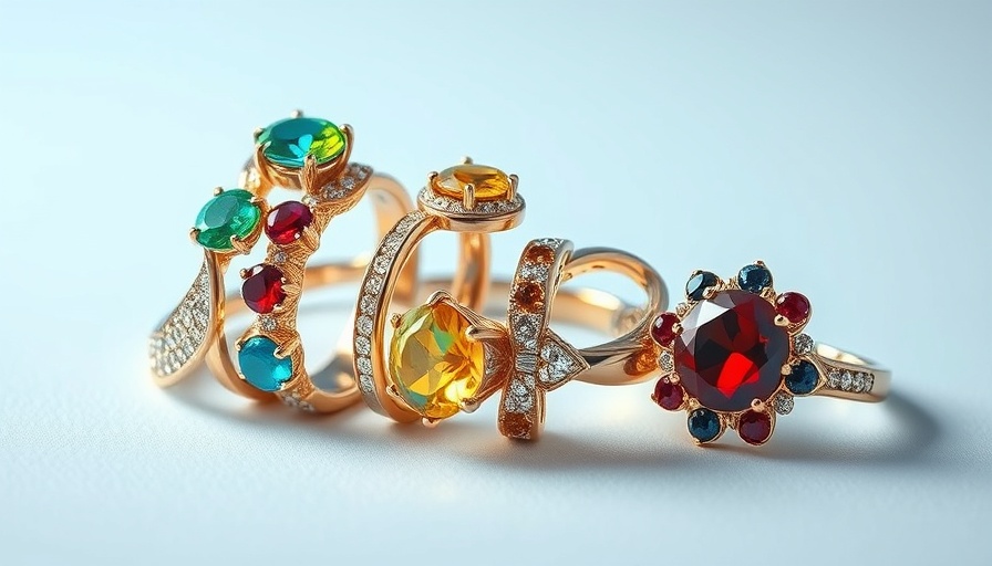 Colorful crystal wedding rings displayed for crystal meanings in wedding rings.