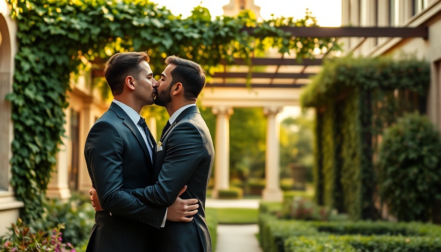 Elegant grooms kissing in garden with classic building backdrop, Midnight Garden Wedding.