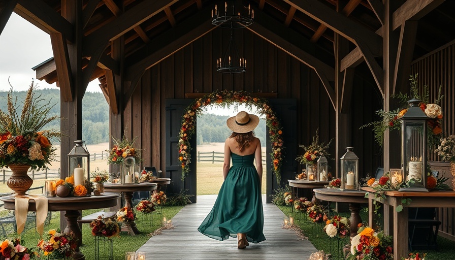 Rustic barn wedding decor with autumnal flowers and lanterns.