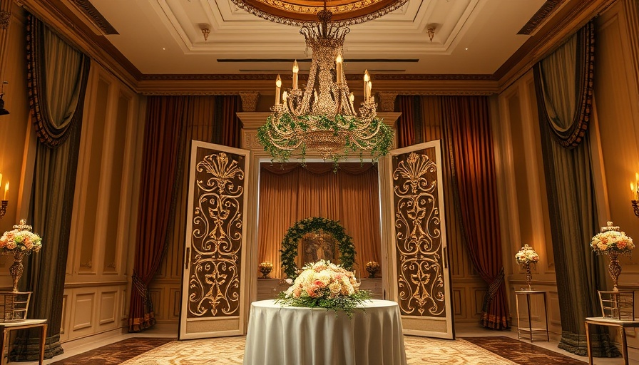 Elegant wedding reception setup with floral chandelier.