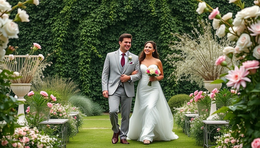Elegant garden party wedding with couple walking down floral aisle.