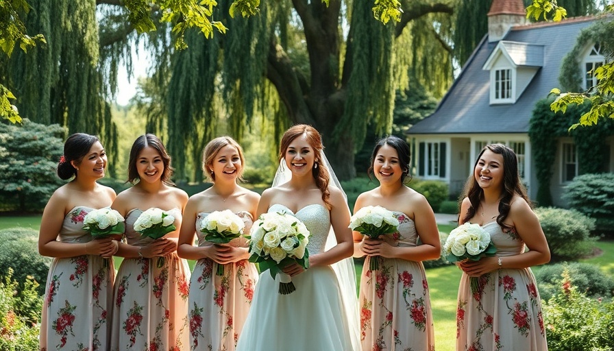 Bride with bridesmaids in floral gowns at a Coastal Wedding Celebration Fairhope.
