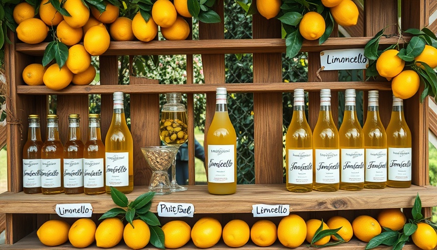 Italian-Inspired Wedding limoncello display with lemons on rustic shelves.