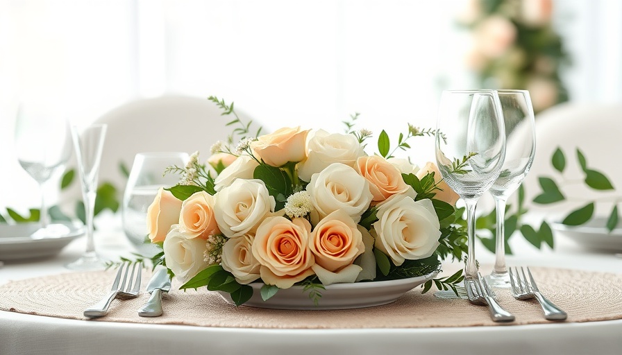 Elegant wedding table setting with floral arrangement and tableware.