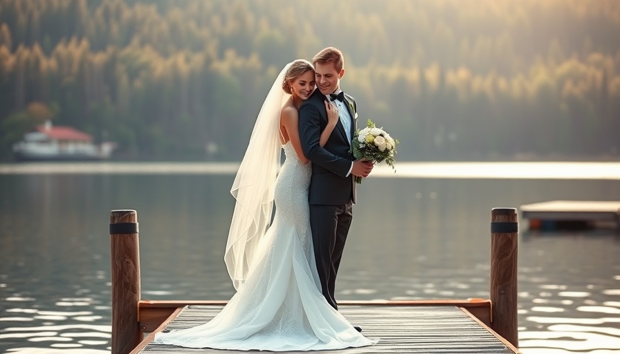Elegant wedding venue by the water with a couple embracing.