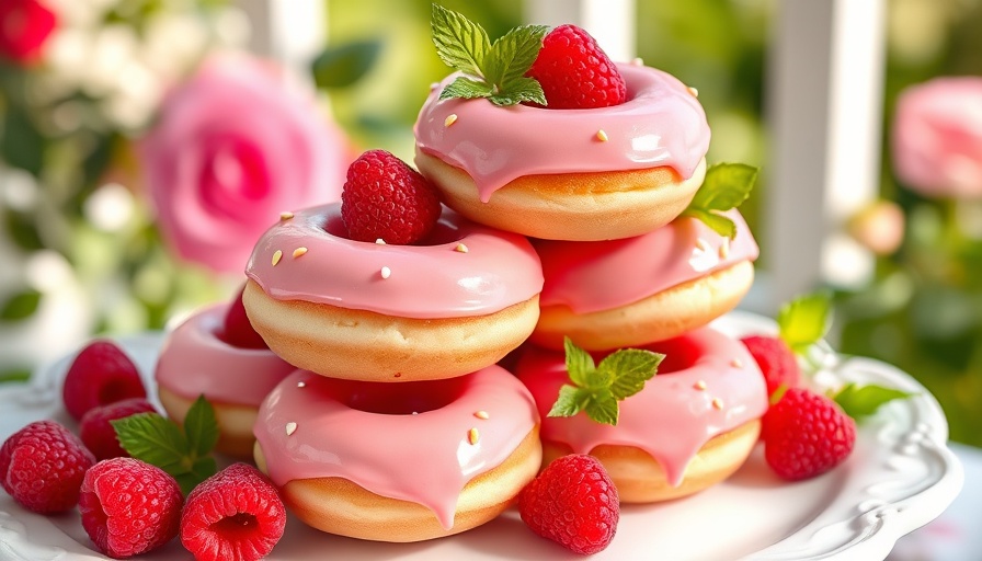 Wedding donut bar with pink donuts and flowers in a romantic setting.