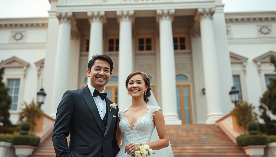 Elegant wedding venue with grand architecture and happy couple.