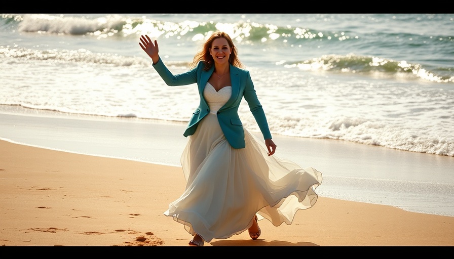 Radiant bride and groom on a sunny elevated tropical wedding beach.