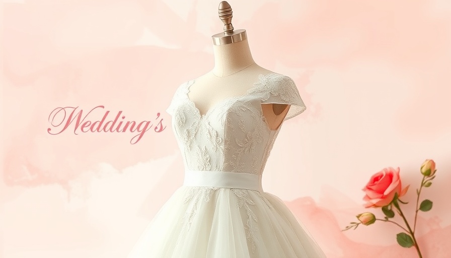 Elegant wedding dress illustration on a mannequin with floral design backdrop.
