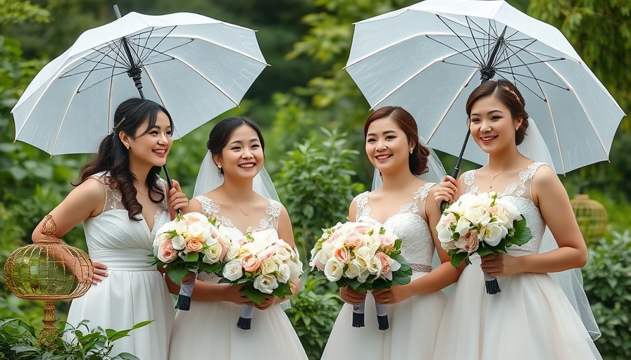 Elegant bridal party with parasols at an outdoor autumn wedding.
