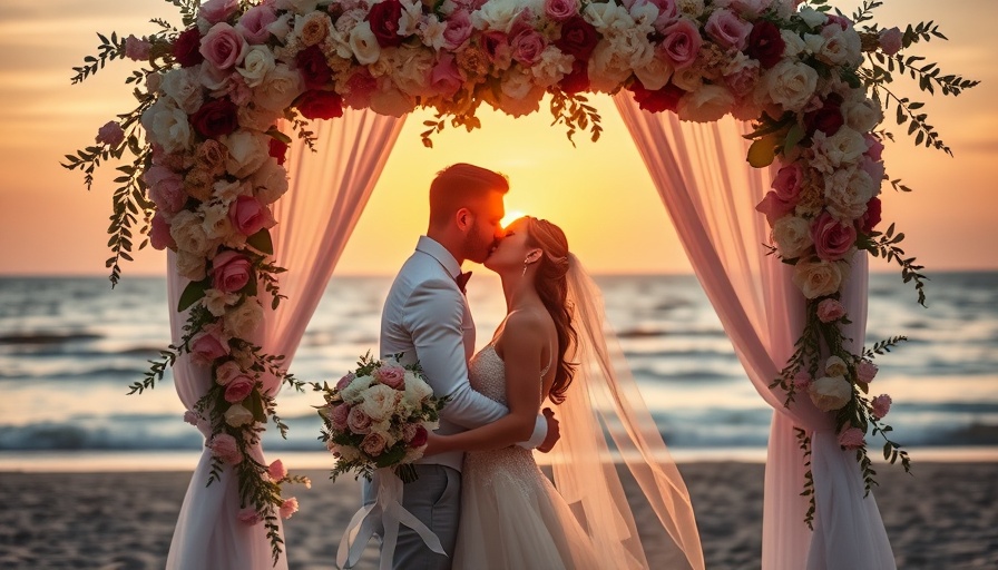 Bride and groom kiss by floral arch on sunny beach