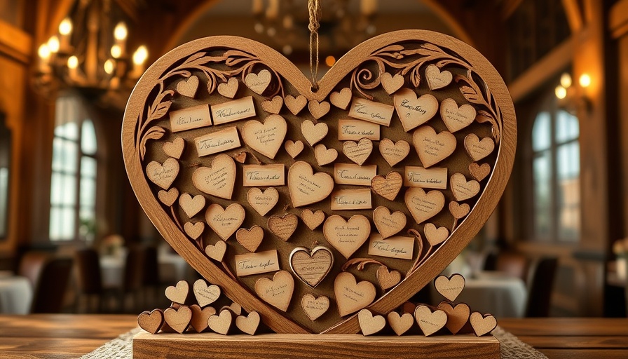 Rustic wedding guest book heart display with floral decor.