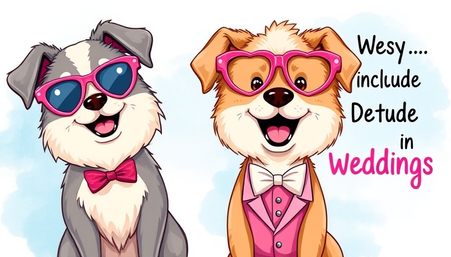 Colorful cartoon dogs illustration promoting dogs in weddings.