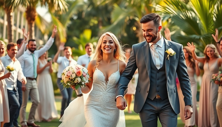 Wedding decor ideas: Bride and groom with joyful wedding party outdoors.