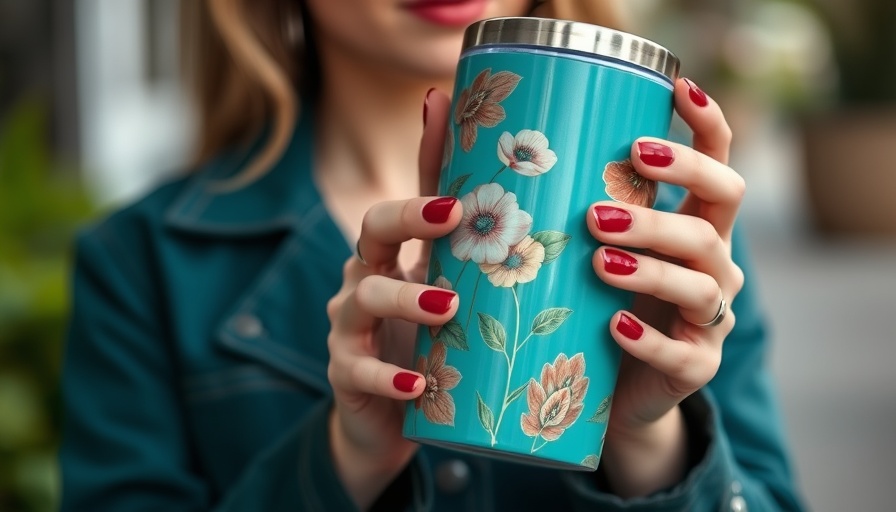 Teal floral tumbler as a practical wedding gift for bride, held stylishly.
