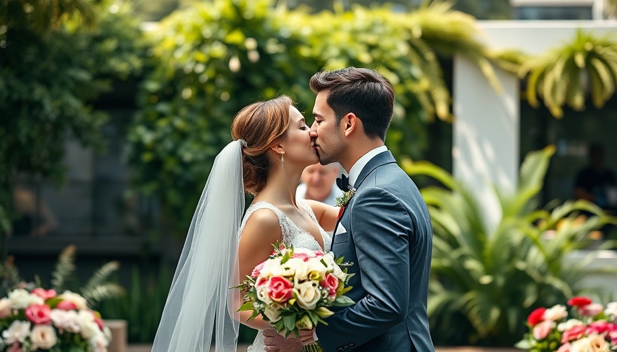Bride and groom kiss at outdoor wedding venue.