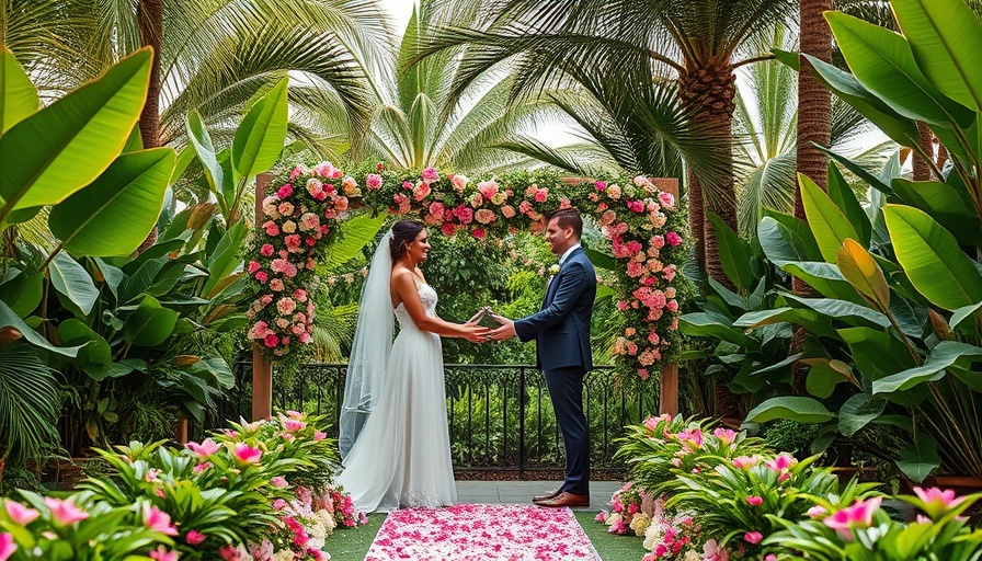 Outdoor wedding ceremony with lush greenery and colorful flowers.