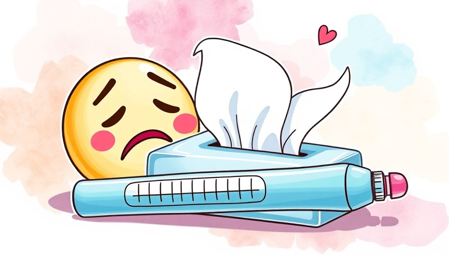 Whimsical getting sick before wedding illustration with tissues and emoji.