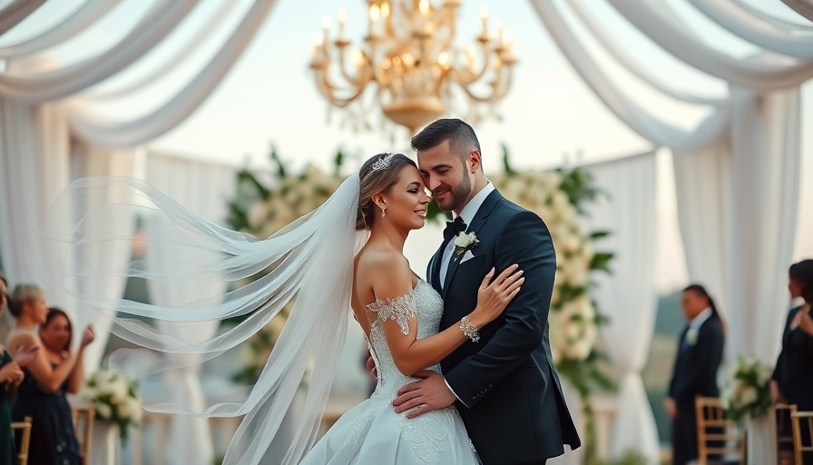 Elegant wedding scene with bride and groom and chandelier.