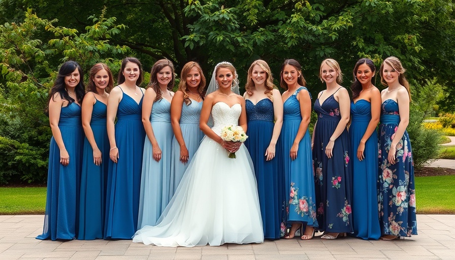 Elegant wedding party with bride and bridesmaids, lush outdoor setting.