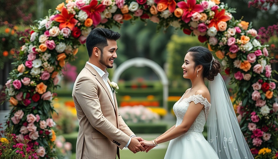 French Riviera wedding with elegant couple at floral arch.