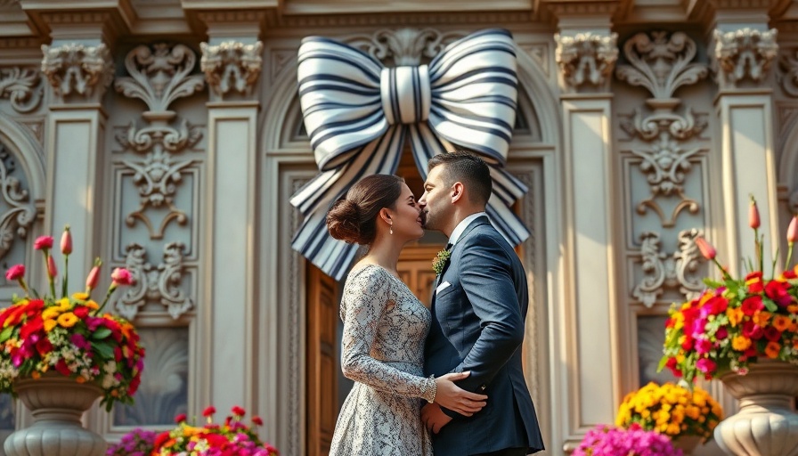 Couture destination wedding couple kissing in front of elegant architecture.