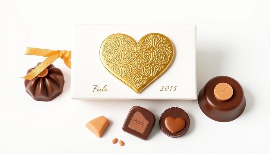 Elegant chocolate wedding favor design with gold heart foil and chocolates.