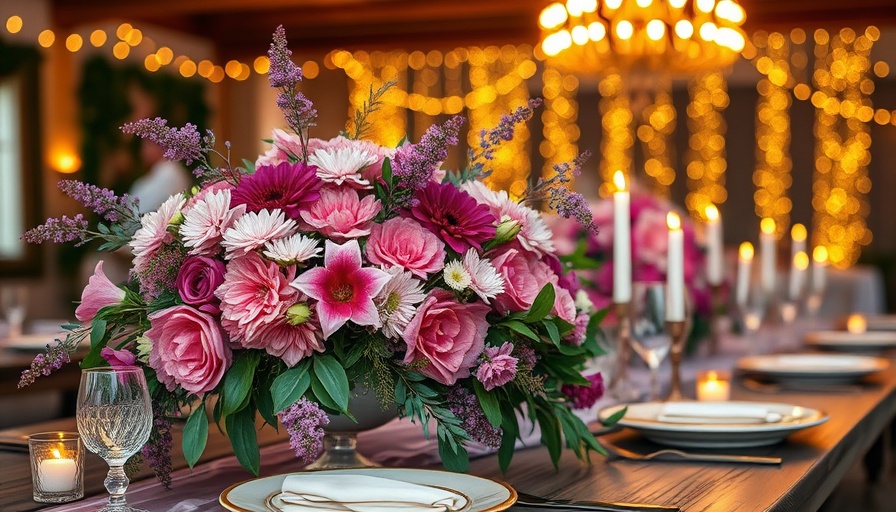 Elegant wedding table setup with flowers and warm lights, ideal for wedding venues.