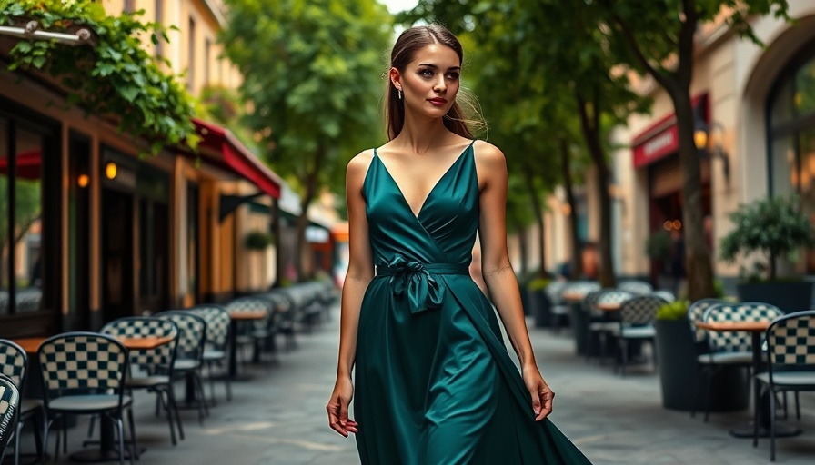 Elegant woman in jewel toned bridesmaid dress walking in a sunlit street.
