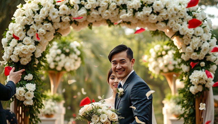 Timeless wedding elegance with happy couple and flower petals.
