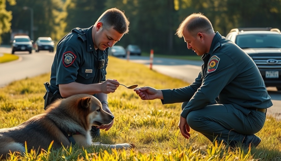 Officer Shares Lunch with Injured Dog: Compassionate act on grassy roadside.