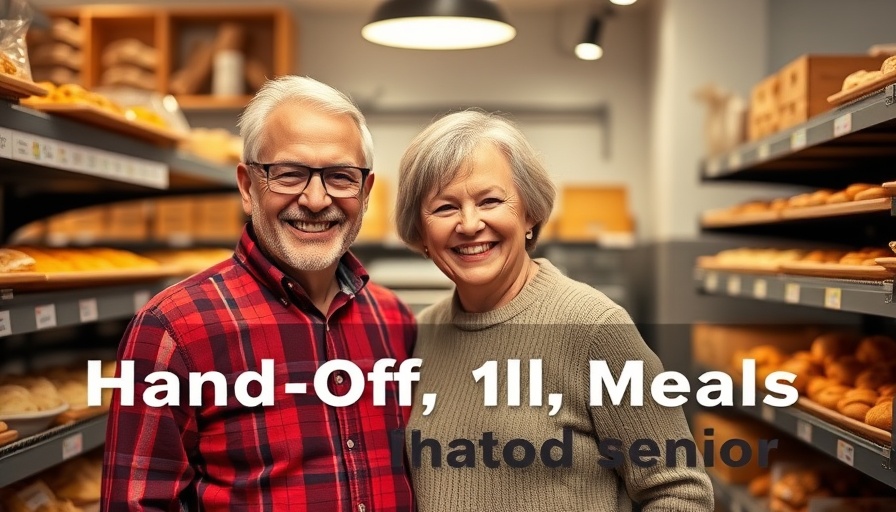 Hand-Off Meals for Seniors promotion in a bakery setting with smiling couple.