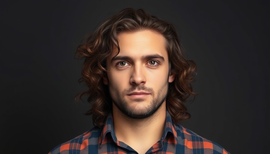 Man with long curly hair and beard in checkered shirt, neutral expression.