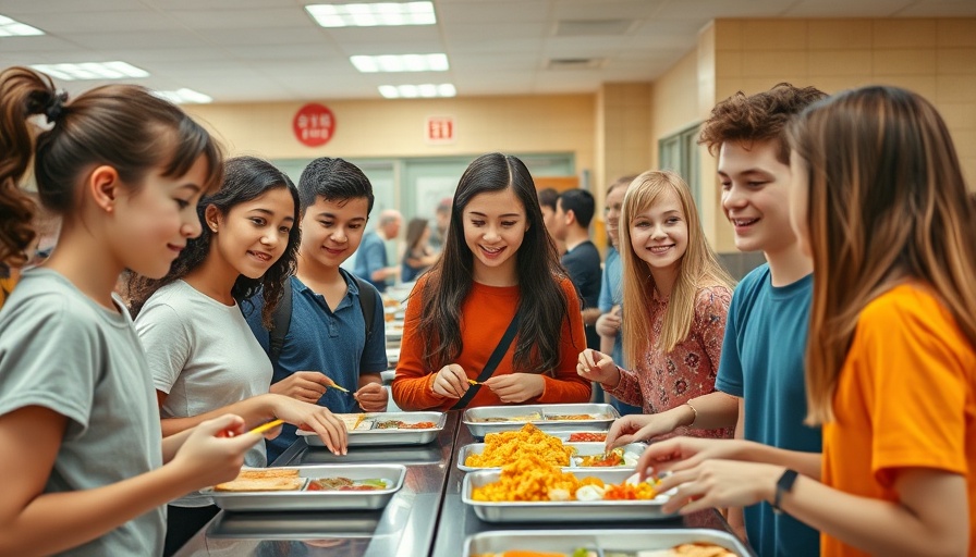 Students selecting lunch in a school cafeteria line.