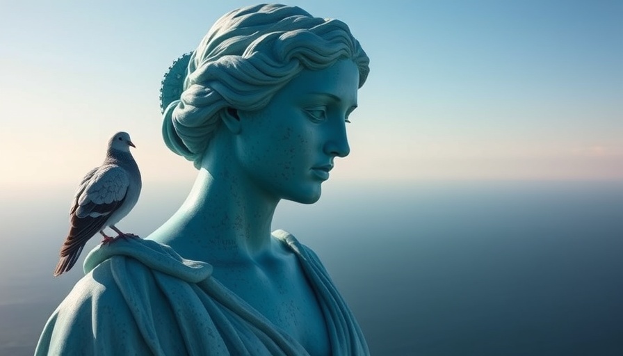 Surrealistic statue with dove overlooking ocean