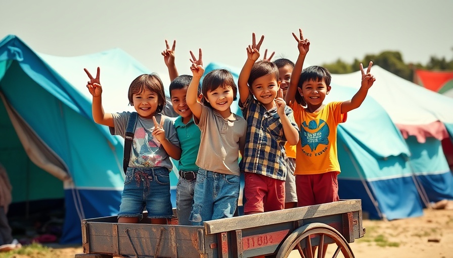 Children celebrating peace in a vibrant tent camp
