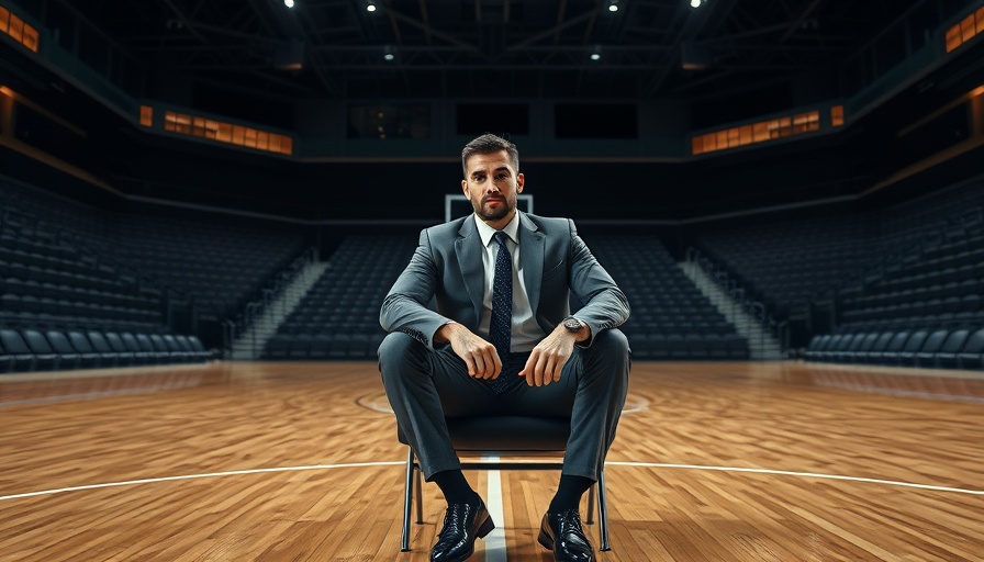Confident businessman on a basketball court promoting business community engagement.