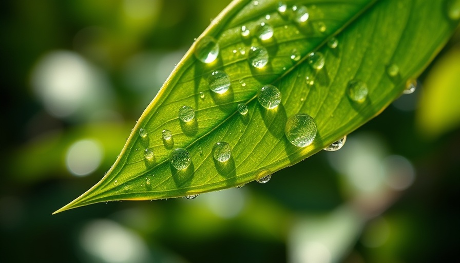 Dewdrops on a leaf in sunlight, new species of poison dart frog habitat.