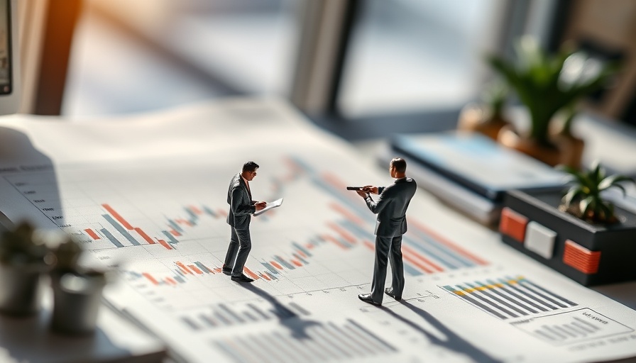 Miniature figures on stock chart analyzing trends.
