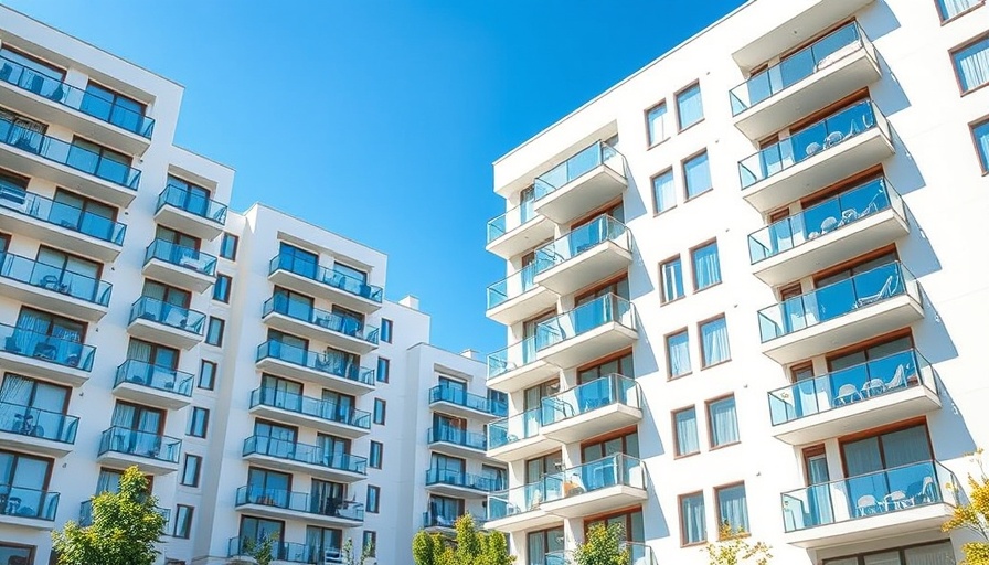 Modern apartment buildings with balconies under blue sky.